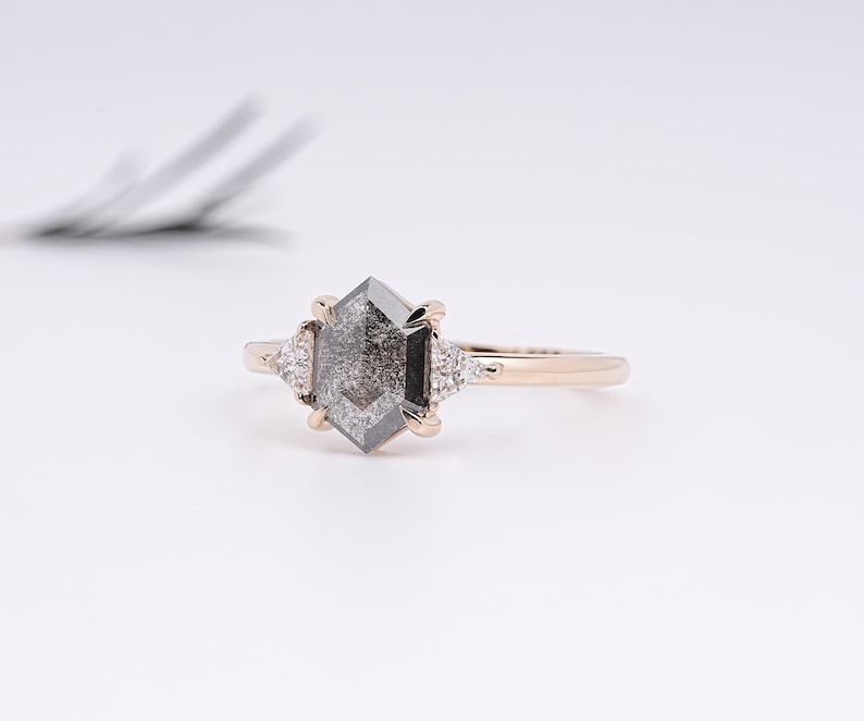 Hexagon Cut Diamond Three Stone Ring, Lab Salt Pepper Diamond Ring, Rustic Diamond Engagement Ring, 14K Yellow Gold Ring For Proposal Gift