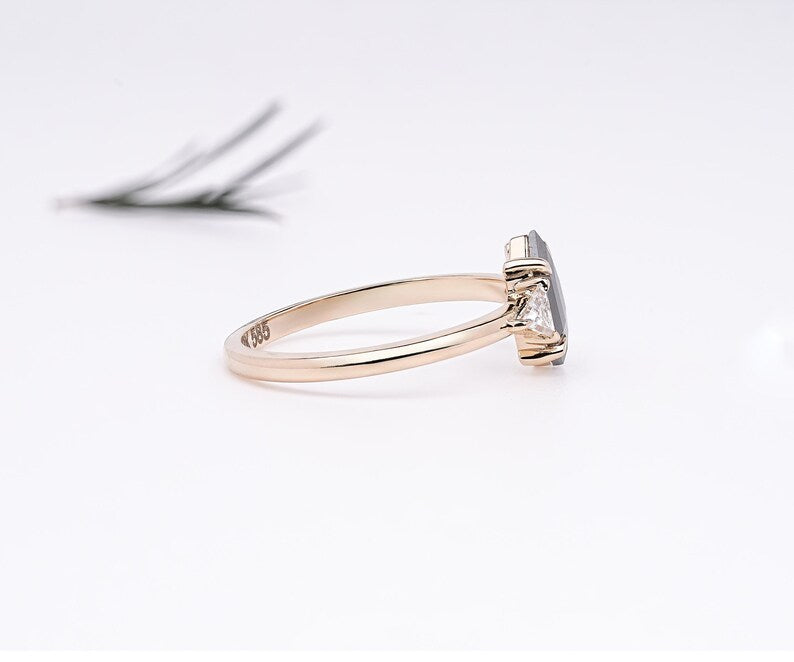 Hexagon Cut Diamond Three Stone Ring, Lab Salt Pepper Diamond Ring, Rustic Diamond Engagement Ring, 14K Yellow Gold Ring For Proposal Gift