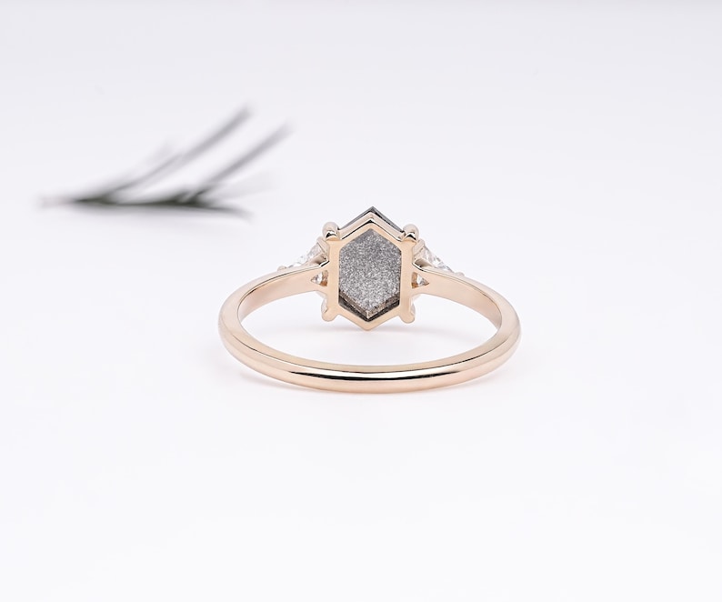 Hexagon Cut Diamond Three Stone Ring, Lab Salt Pepper Diamond Ring, Rustic Diamond Engagement Ring, 14K Yellow Gold Ring For Proposal Gift
