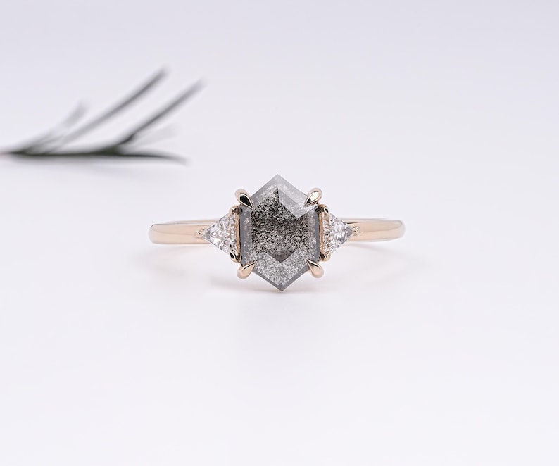 Hexagon Cut Diamond Three Stone Ring, Lab Salt Pepper Diamond Ring, Rustic Diamond Engagement Ring, 14K Yellow Gold Ring For Proposal Gift