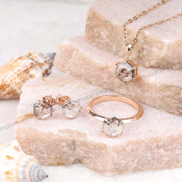 Salt and Pepper Diamond Jewelry Set – Hexagon Ring, Pendant & Earrings