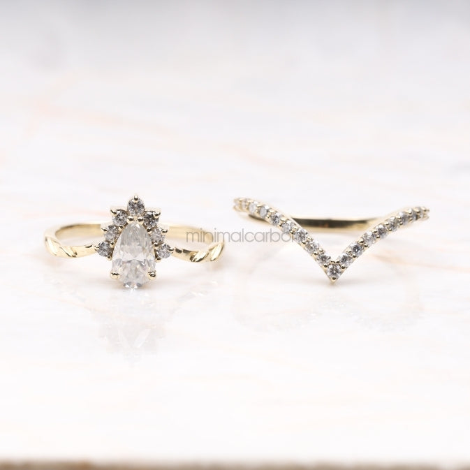 Pear Diamond Crown Ring Bridal Ring Set