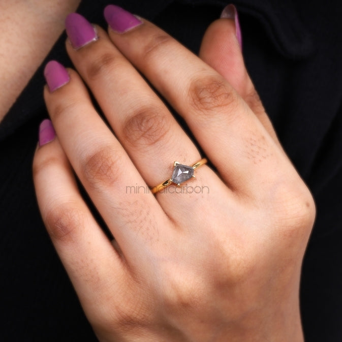 Greyish Pentagon Salt And Pepper Diamond Ring - Minimal Carbon