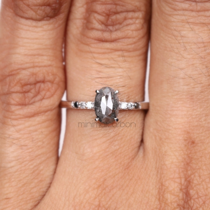Oval Salt And Pepper Diamond Ring - Minimal Carbon