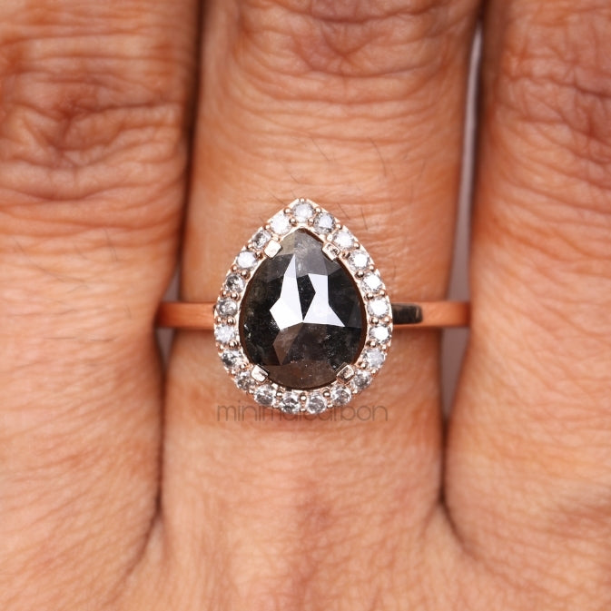 Halo Engagement Ring Pear Salt And Pepper Diamond Ring - Minimal Carbon