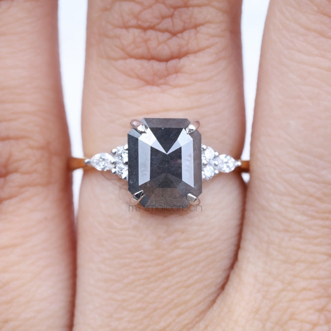 Emerald Cut Salt and Pepper Diamond Engagement Ring