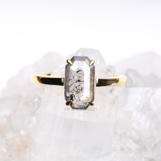 Emerald Cut Salt And Pepper Diamond Ring - Minimal Carbon