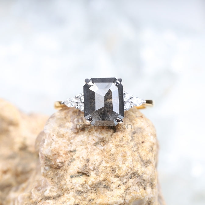Emerald Cut Salt and Pepper Diamond Engagement Ring