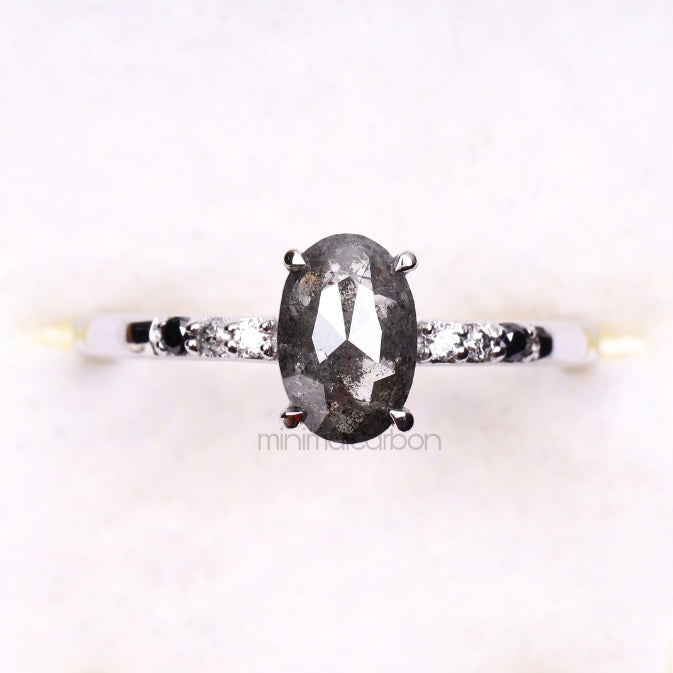 Oval Salt And Pepper Diamond Ring - Minimal Carbon