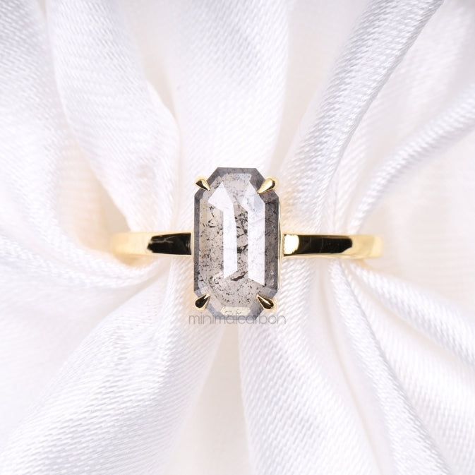 Emerald Cut Salt And Pepper Diamond Ring - Minimal Carbon