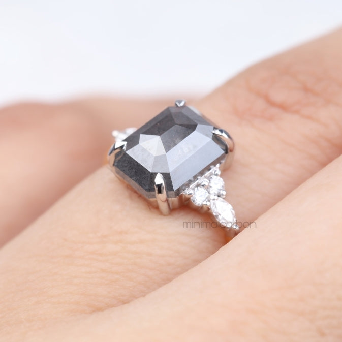 Emerald Cut Salt and Pepper Diamond Engagement Ring