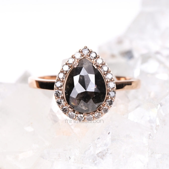 Halo Engagement Ring Pear Salt And Pepper Diamond Ring - Minimal Carbon