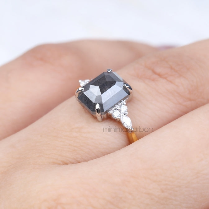 Emerald Cut Salt and Pepper Diamond Engagement Ring