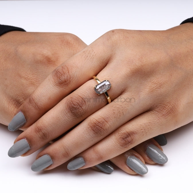 Emerald Cut Salt And Pepper Diamond Ring - Minimal Carbon